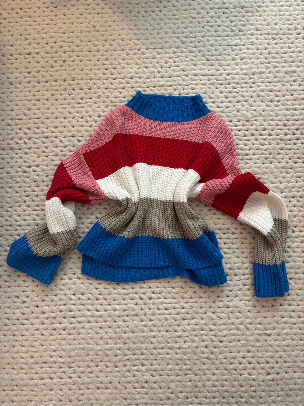 Striped Multicolor Ribbed Knit Sweater - Blue, Red, Pink, Cream, Taupe